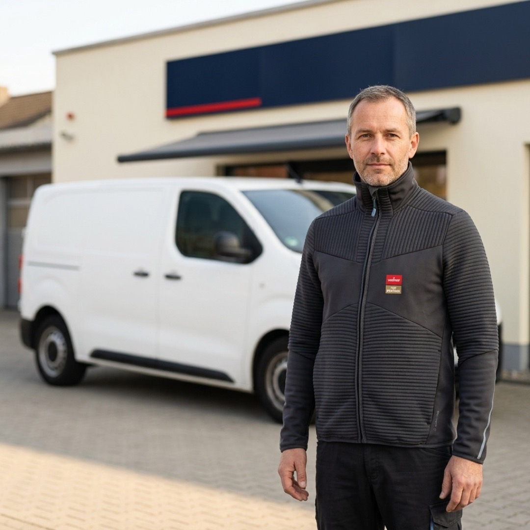 Inhaber eines Markisen-Fachbetriebs in weinor Partner-Workfashion vor seinem Betrieb