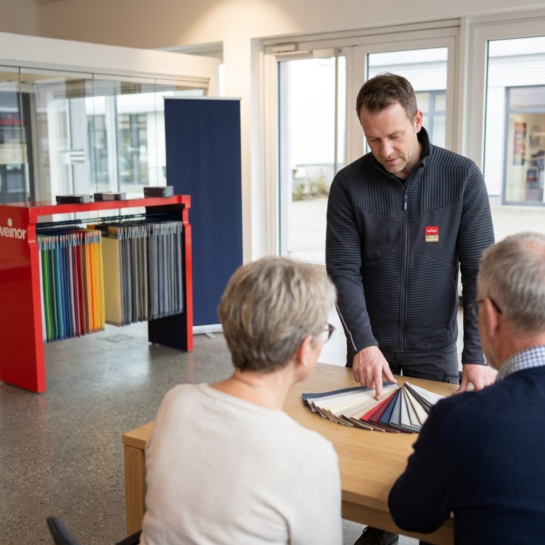Beratungsgespräch im Fachbetrieb-Showroom mit Musterständer und Roll-up