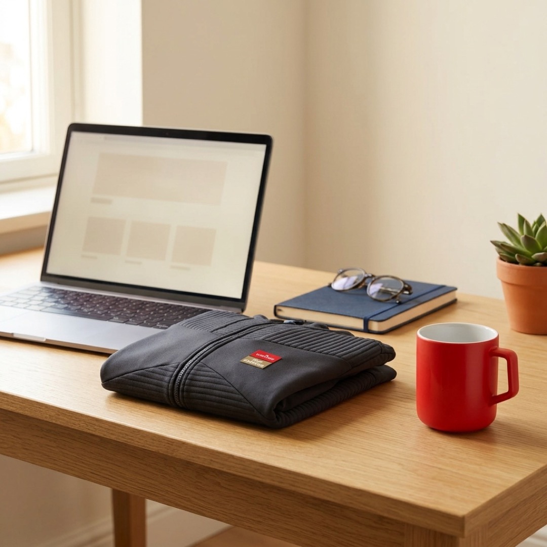 Laptop mit geöffnetem Partnershop, gefaltete Jacke und rote Tasse